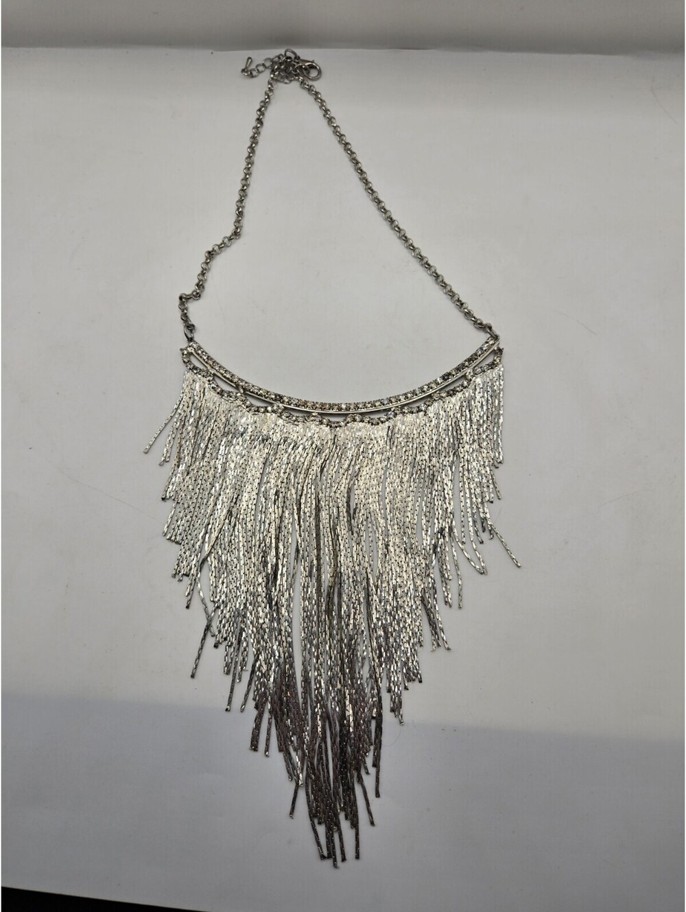 Silver Tone Rhinestone Fringe Statement Necklace Waterfall Chain Tassel Collar